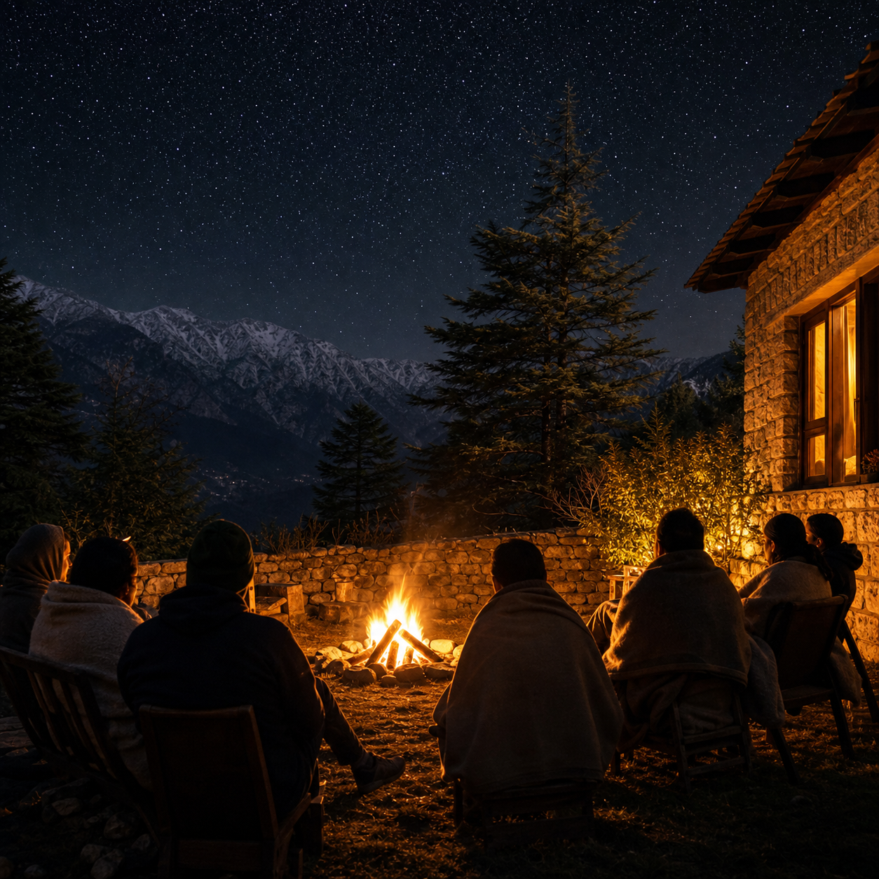 Garden bonfire under a starry sky