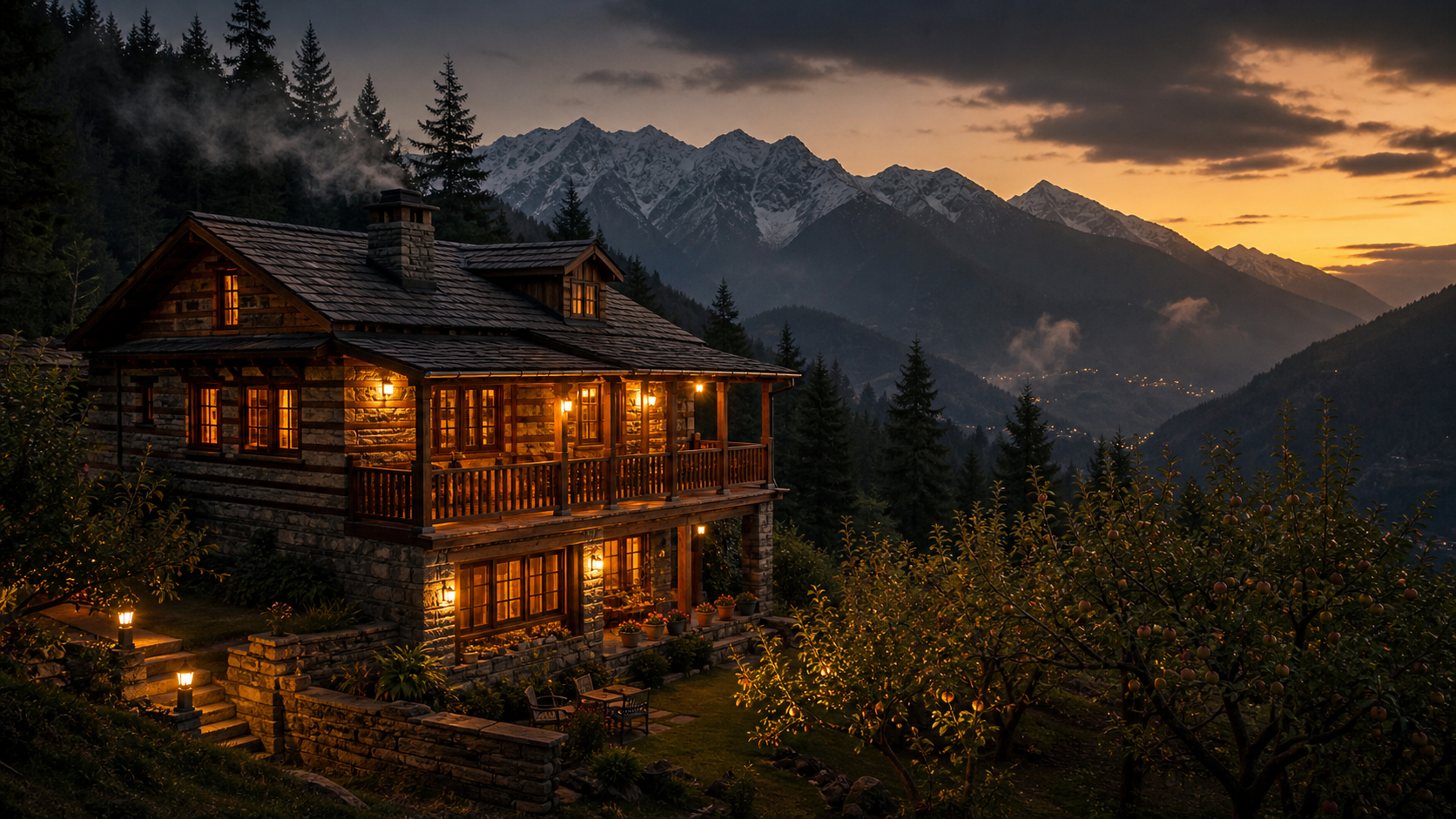 Deodar House homestay glowing at dusk with a valley view