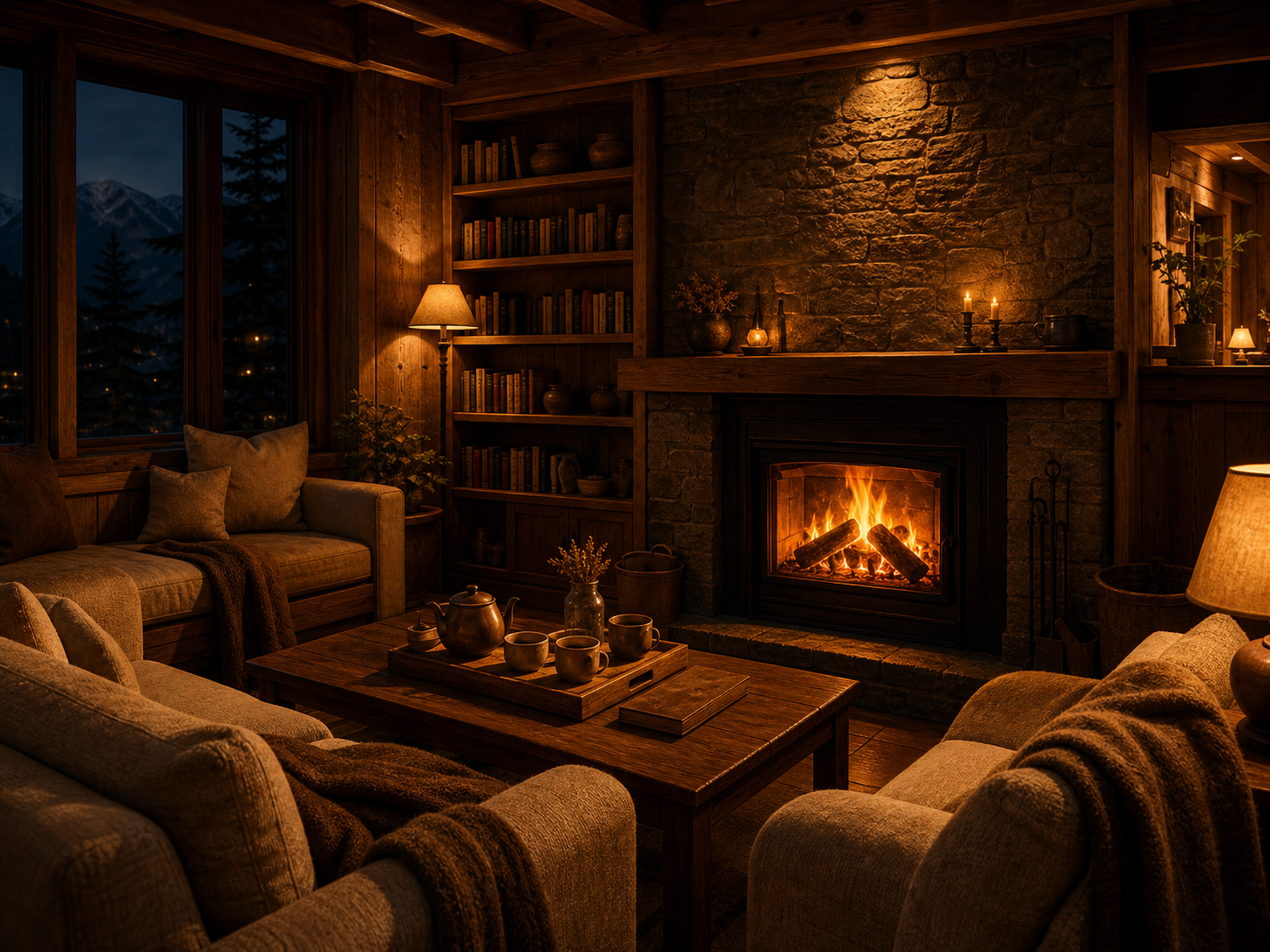 Fireplace lounge with woollen blankets